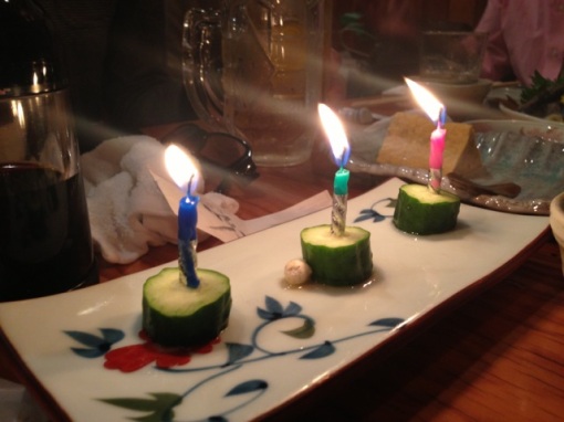 Making use of birthday candles...  Loved the cucumber idea which I guess came from the izakaya.